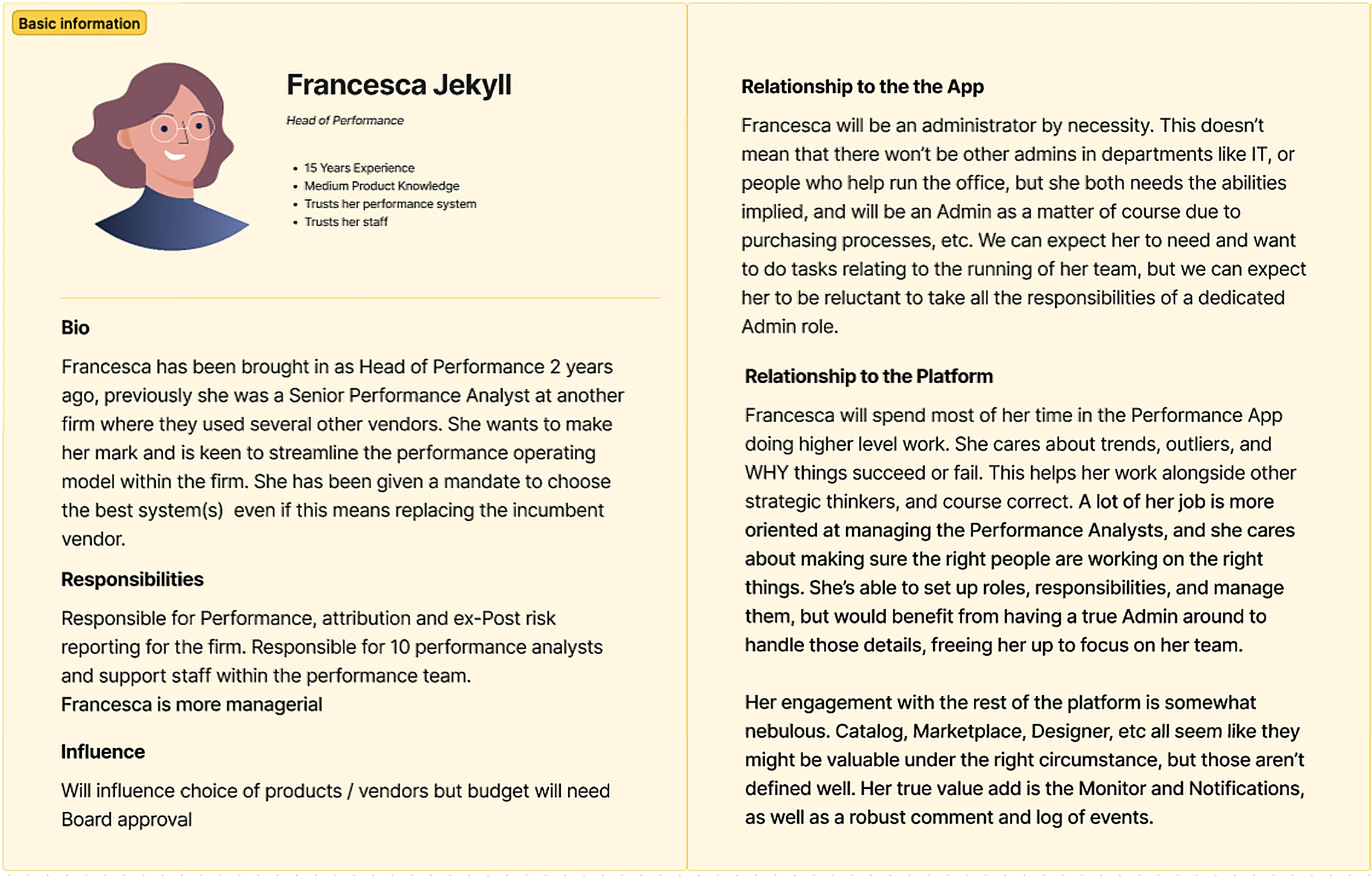 Francesca, Head of Performance: profile, bio, responsibilities and influence