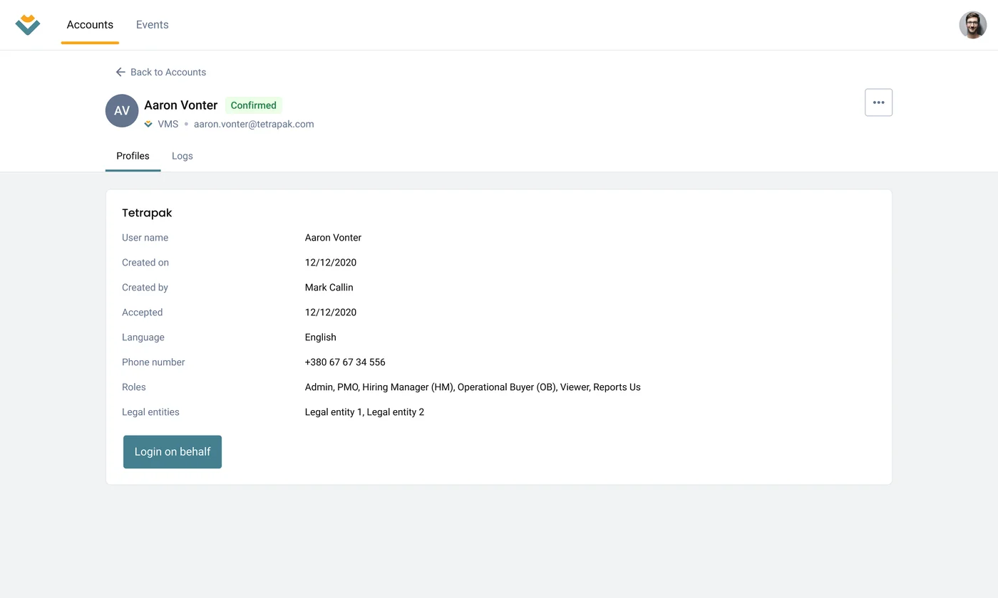 Login on behalf button on a user profile